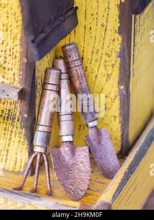 Kit de jardinage de trois pièces rouillées sur fond en bois.Outils de jardinage Banque D'Images