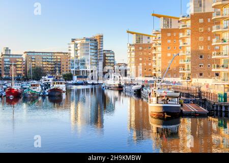 Bateaux amarrés à Limehouse Marina, Londres, Royaume-Uni Banque D'Images