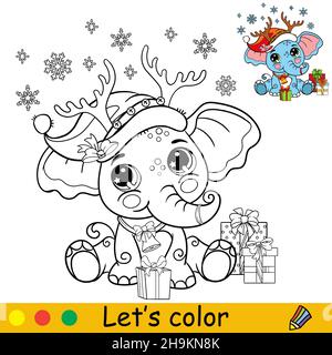 Joli éléphant dans un chapeau de Noël avec des cadeaux.Personnage d'éléphant de dessin animé.Illustration vectorielle isolée.Livre de coloriage avec exemple de couleur.Pour la carte Illustration de Vecteur