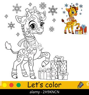 Jolie girafe dans un chapeau de Noël avec des cadeaux.Personnage de girafe de dessin animé.Illustration vectorielle isolée.Livre de coloriage avec exemple de couleur.Pour la carte, Illustration de Vecteur