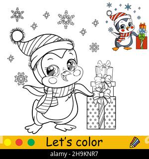 Joli pingouin dans un chapeau de Noël avec flocons de neige et cadeaux.Personnage de dessin animé.Illustration vectorielle isolée.Livre de coloriage avec exemple de couleur.Pour Illustration de Vecteur