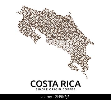 Forme de la carte du Costa Rica faite de grains de café dispersés, nom de pays ci-dessous Illustration de Vecteur