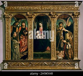 Polittico con Madonna col Bambino à trono, santi due donatori - Polyptych avec Madonna et Child Enthroned, Saints deux donateurs 1495 par Macrino d'Alba, 1495-1513, Italie Italien. Banque D'Images