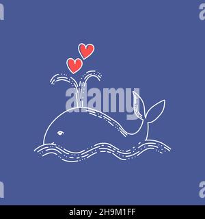 Adorable baleine à deux coeurs.Illustration de vecteur linéaire.Concept pour la Saint-Valentin et le mariage Illustration de Vecteur