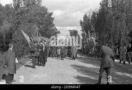 Varsovie, 1948-09-24.Pogrzeb dzia³aczki m³odzie¿owej Pauliny Pakulskiej, która zginê³a tragicznie W wypadku samochodowym 20 wrzeœnia.NZ. Kondukt ¿a³obny na Cmentarzu Wojskowym na Pow¹zkach. msa PAPVarsovie, le 24 septembre 1948.Les funérailles de la jeune activiste Paulina Pakulska, tuée dans un accident de voiture le 20 septembre.Photo : amateurs de tournieurs au cimetière militaire de Powazki. msa PAP Banque D'Images