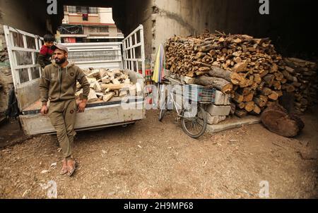 Gaza, Palestine.07ème décembre 2021.Fils de Raed Abd El-Aal vus à l'atelier.Raed Abd El-Aal âgé de 52 ans, travaille comme bûcheron depuis trente ans dans la ville de Gaza avec ses fils;Tamer, 25 ans et Soliman, 12 ans, peut couper 150 tonnes d'arbres en 24 heures seulement, il a également une équipe qui l'aide à transférer et à recueillir les arbres des champs de la bande de Gaza.Crédit : SOPA Images Limited/Alamy Live News Banque D'Images