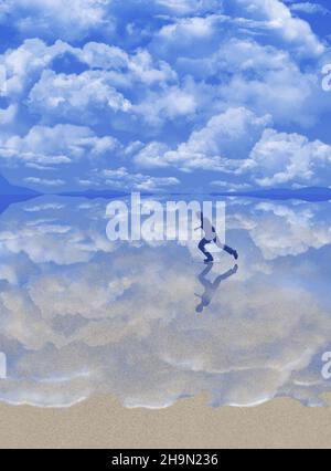 Un homme court dans l'océan surf et le ciel bleu et les nuages sont reflétés dans l'eau dans cette illustration de 3 jours. Banque D'Images
