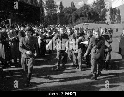 Cracovie, 1948-10-12.Obchody rocznicy bitwy pod Lenino (12-13 paŸdziernika 1943).Trzydzieœci tysiêcy m³odzie¿y z Krakowa i okolic, z cz³onkami brygad Powszechnej Organizacji S³u¿ba Polsce na czele, wziê³o udzia³ W marszu wytrzyma³oœciowym i defiladzie okolicznoœciowej ulicami miasta.NZ. Marsz wytrzyma³oœciowy junaków SP z brygady ratunkowej. uu PAPCracovie, le 12 octobre 1948.Cérémonies marquant l'anniversaire de la bataille de Lenino (12-13 octobre 1943).30,000 jeunes de Cracovie et des localités voisines, dirigés par des membres des brigades du Service de l'Organisation de masse en Pologne, ont participé à Banque D'Images