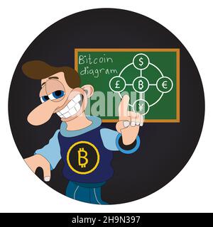 Homme avec un sourire gaieux et un gros nez pointant vers un diagramme de bitcoin sur une étiquette d'autocollant de tableau noir Illustration de Vecteur