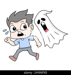garçon en train de courir peur d'être chassé par un fantôme volant, illustration vectorielle art doodle icône image kawaii. Illustration de Vecteur