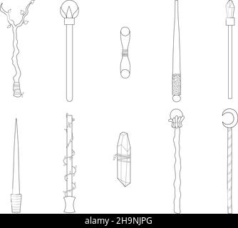 Illustration vectorielle transparente dessinée à la main d'une collection de baguettes magiques dans divers matériaux avec une ligne d'art noire propre Illustration de Vecteur