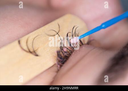 Extensions des cils, correction des cils, procédure d'élimination des cils dans un salon de beauté. Banque D'Images