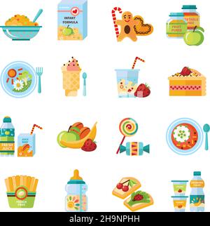 Collection d'icônes plates pour bébés et bébés avec lait maternisé et illustration vectorielle abstraite isolée de purée de légumes Illustration de Vecteur