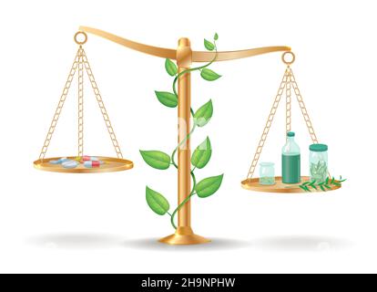 Médecine alternative balance concept avec des médicaments pilules sur un plantes et herbes de côté et naturelles sur un autre vecteur de plaque illustration Illustration de Vecteur