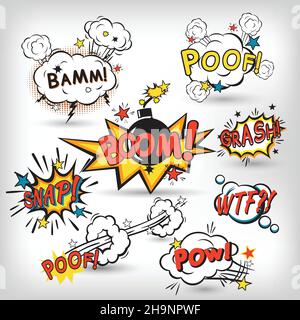 Bulles de discours de bande dessinée dans le style pop art avec dessin animé de bombe illustration vectorielle de l'ensemble de texte de la flèche à pression de l'éclatement de l'explosion Illustration de Vecteur