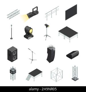 Icônes isométriques ensemble d'éléments de scène différents supports avec microphones met en avant les haut-parleurs et l'illustration vectorielle isolée de la construction Illustration de Vecteur