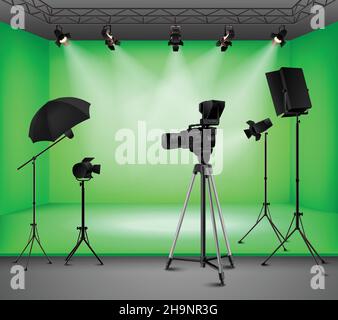 Intérieur de studio à écran vert réaliste avec kit de projecteurs caméra parapluie et illustration vectorielle softbox Illustration de Vecteur