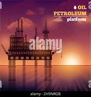 Bâtiment de plate-forme de mer de pétrole avec coucher de soleil sur fond vectoriel illustration Illustration de Vecteur