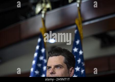 Matt Gaetz, représentant des États-Unis (républicain de Floride), assiste à une conférence de presse sur le traitement des accusés du 6th janvier dans une prison de Washington, DC, Etats-Unis, le mardi 7 décembre,2021. Photo de Rod Lamkey/CNP/ABACAPRESS.COM Banque D'Images