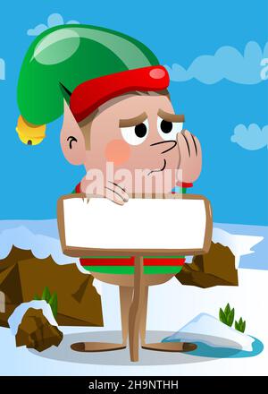 Elf de Noël avec papier vierge sur panneau de bois, affiche.Illustration de personnage de dessin animé vectoriel du petit ouvrier du Père Noël, l'aide. Illustration de Vecteur