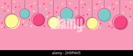 Illustration de la bannière d'arrière-plan de style Memphis suspendue boules de Noël en rose, vert et jaune sur un fond rose pâle avec espace pour le texte. Banque D'Images