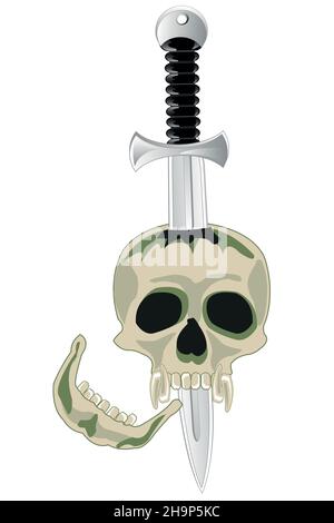 Le crâne de l'épée pochée sur fond blanc est isolé Illustration de Vecteur