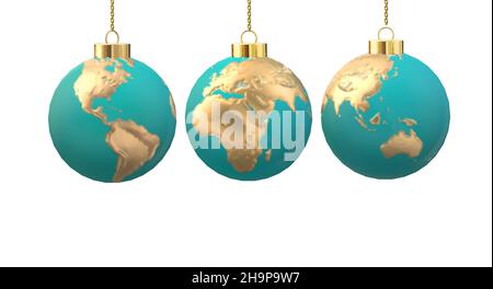 Salutation internationale de Noël.Boules turquoise suspendu 3D boules boules boules boules avec symbole de globe planète sphère de l'Europe Asie Amérique isolée sur blanc.Modèle de fête pour les fêtes de l'entreprise.3D rendu Banque D'Images