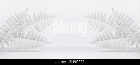 Mise en page créative de feuilles blanches recouvertes de neige avec cristaux de flocons de neige sur fond blanc dans les rayons du soleil avec ombres.Noël minimal, Banque D'Images