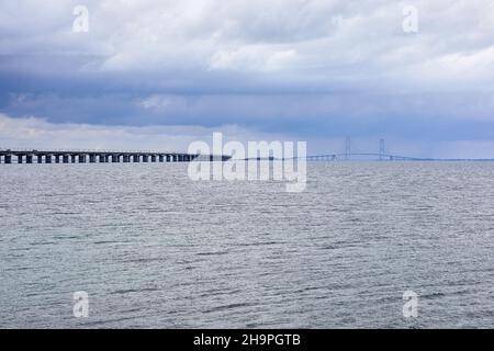 Le lien fixe de la Grande ceinture (Storebæltsbroen), le lien fixe traversant le détroit de la Grande ceinture entre les îles danoises de la Zélande et de Funen; Danemark Banque D'Images