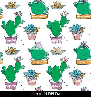 Dessin animé Cactus Plant sans couture.Joli dessin à la main, illustration lumineuse, tons verts couleurs.Arrière-plan blanc.Vecteur Illustration de Vecteur