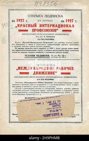 Couverture arrière du magazine russe 'mouvement international du travail' (russe: Международное рабочее движение), №11 1927. Banque D'Images