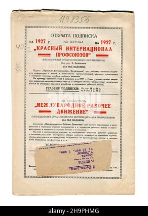 Couverture arrière du magazine russe 'mouvement international du travail' (russe: Международное рабочее движение), №11 1927. Banque D'Images