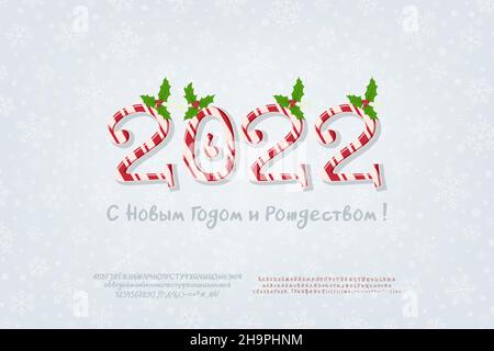 Affiche créative Happy Year et Joyeux Noël.Calendrier de canne à sucre sur fond gris avec flocons de neige.Deux jeux de polices vectorielles russes.Transl Illustration de Vecteur