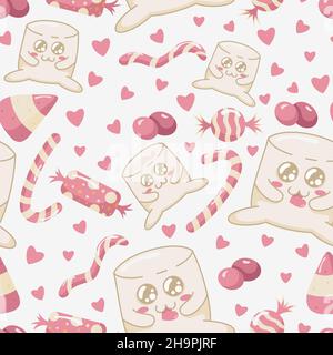 Motif sans couture avec guimauve kawaii mastigeant un coeur de bonbon entouré de différentes friandises.Kawaii guimauve personnages dans un style plat. Illustration de Vecteur