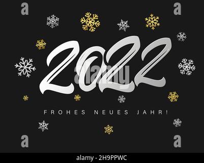 Frohes Neues Jahr 2022 logo argent texte design.Texte allemand Frohes Neues Jahr, Translate Bonne Année.Illustration vectorielle avec nombre et flocon de neige Illustration de Vecteur