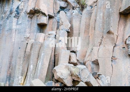 Colonnes de lave verticales, ancien flux de lave, colonne de basalte, forme hexagonale, Sant Joan les Fonts, Garrotxa, Catalogne, Espagne Banque D'Images