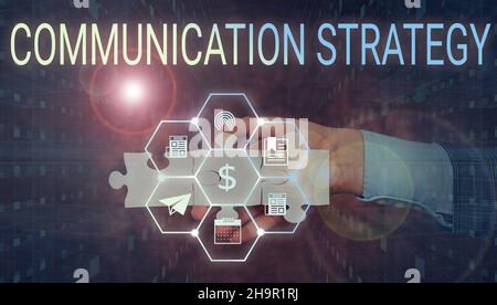 Stratégie de communication de texte d'écriture manuscrite.Photo conceptuelle verbale non verbale ou visuelle plans de but et de méthode main tenant Jigsaw Puzzle Piece Banque D'Images