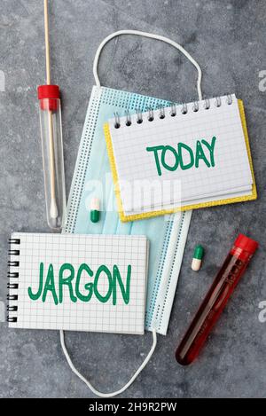 Écriture affichant du jargon textuel.Aperçu des affaires mots ou expressions spéciaux qui sont utilisés par une profession particulière écrivant la médecine de prescription Banque D'Images
