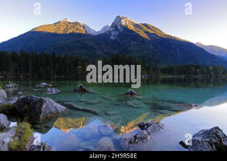 Watzmann se reflète dans Hintersee, forêt, automne, Ramsau, Berchtesgadner Land,Haute-Bavière, Bavière, Allemagne Banque D'Images