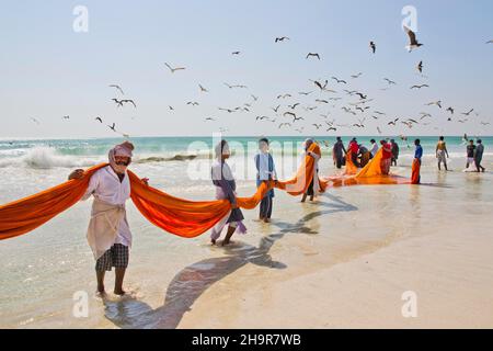 Pêcheurs transportant des filets sur la plage, Salalah, Salalah, Dhofar, Oman Banque D'Images