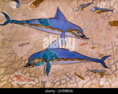 Fresques des dauphins dans le bain de la Reine à Knossos (1600-1400 av. J.-C.), musée archéologique avec les plus importantes trouvailles de la culture minoenne, Héraklion Banque D'Images