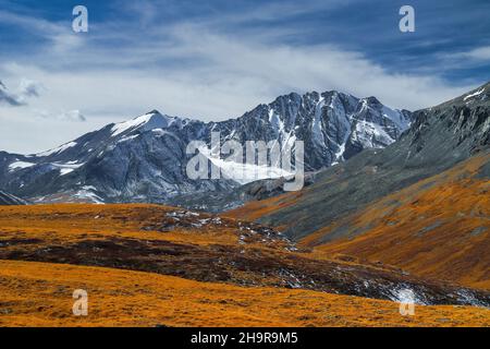 Automne dans la vallée de la rivière Elangash, au pied des glaciers de la crête nord du Chui. Vue panoramique. District de Kosh-Agachsky, République de l'Altaï Banque D'Images