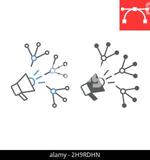 Ligne de marketing viral et icône de glyphe, mégaphone et publicité, icône de vecteur de marketing viral, graphiques de vecteur, signe de contour de trait modifiable, eps 10. Illustration de Vecteur