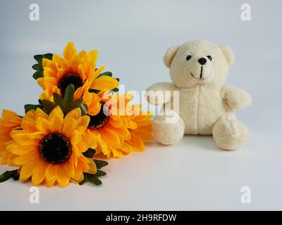 fleurs et ours en peluche avec espace de copie. concept photo Banque D'Images