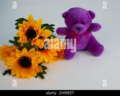 fleurs et ours en peluche avec espace de copie. concept photo Banque D'Images