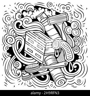 Salle de bains dessin à la main dessin de dessins vectoriels.Salle de bains à baldaquin.Éléments intérieurs et objets dessin animé arrière-plan. Illustration de Vecteur