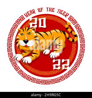 Emblème année du Tigre 2022 dessiné en style de dessin animé isolé sur blanc.Illustration vectorielle. Illustration de Vecteur