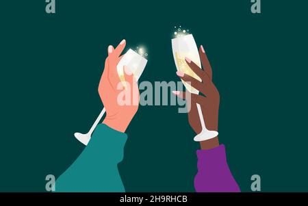Illustration festive de deux mains de femmes tenant des verres à champagne. Illustration de Vecteur