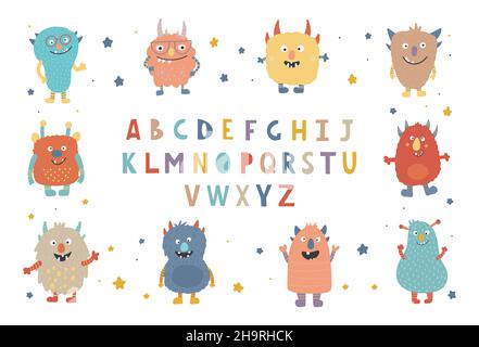 Ensemble coloré de jolis Monsters.Collection de personnages de dessins animés mignons dans un style scandinave simple dessiné à la main.Police décorative ABC Alphabet pour enfants. Illustration de Vecteur