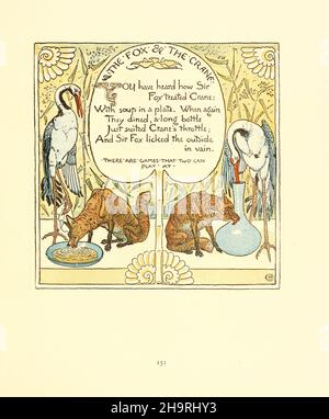 Le renard et la grue de triplets : comprenant, l'opéra du bébé, le bouquet du bébé, et le propre Æsop du bébé ( Aesp ) étant les fables condensés en rime avec des morals portables picariellement pointés par Walter Crane.Gravé et imprimé en couleurs par Walter Crane, Lucy Crane et Edmund Evans, publié en 1899 Banque D'Images